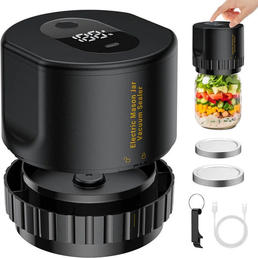 iPEGTOP - Kit de sellado al aspiradora eléctrico para tarros de boca ancha y boca regular, ahorro de alimentos, máquina de sellado al aspiradora para almacenamiento y fermentación de alimentos con abridor de latas y 10 tapas de tarros